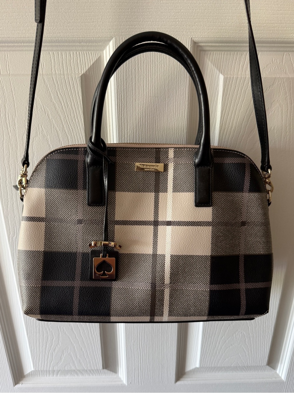 Kate Spade Black and Cream Plaid Satchel with Gold Accent